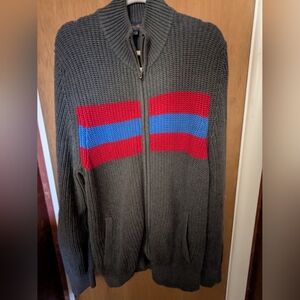 Brooks Brothers Gray Zip-Up Sweater with Red and Blue Stripes